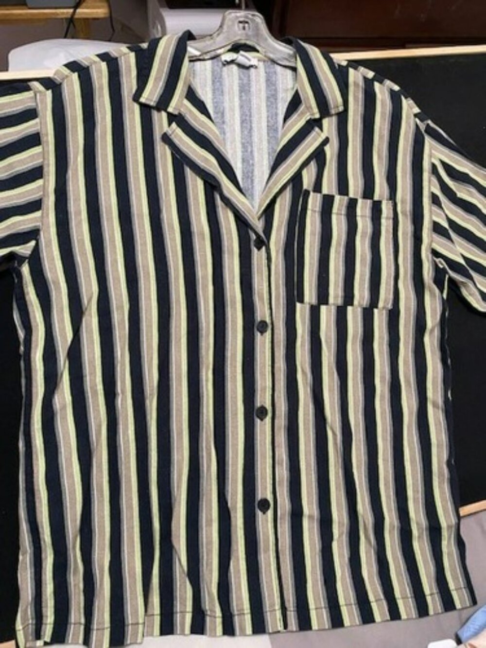 Topshop Linen Shirt Mens Small Striped Button Up Short Sleeve Green & Brown New
